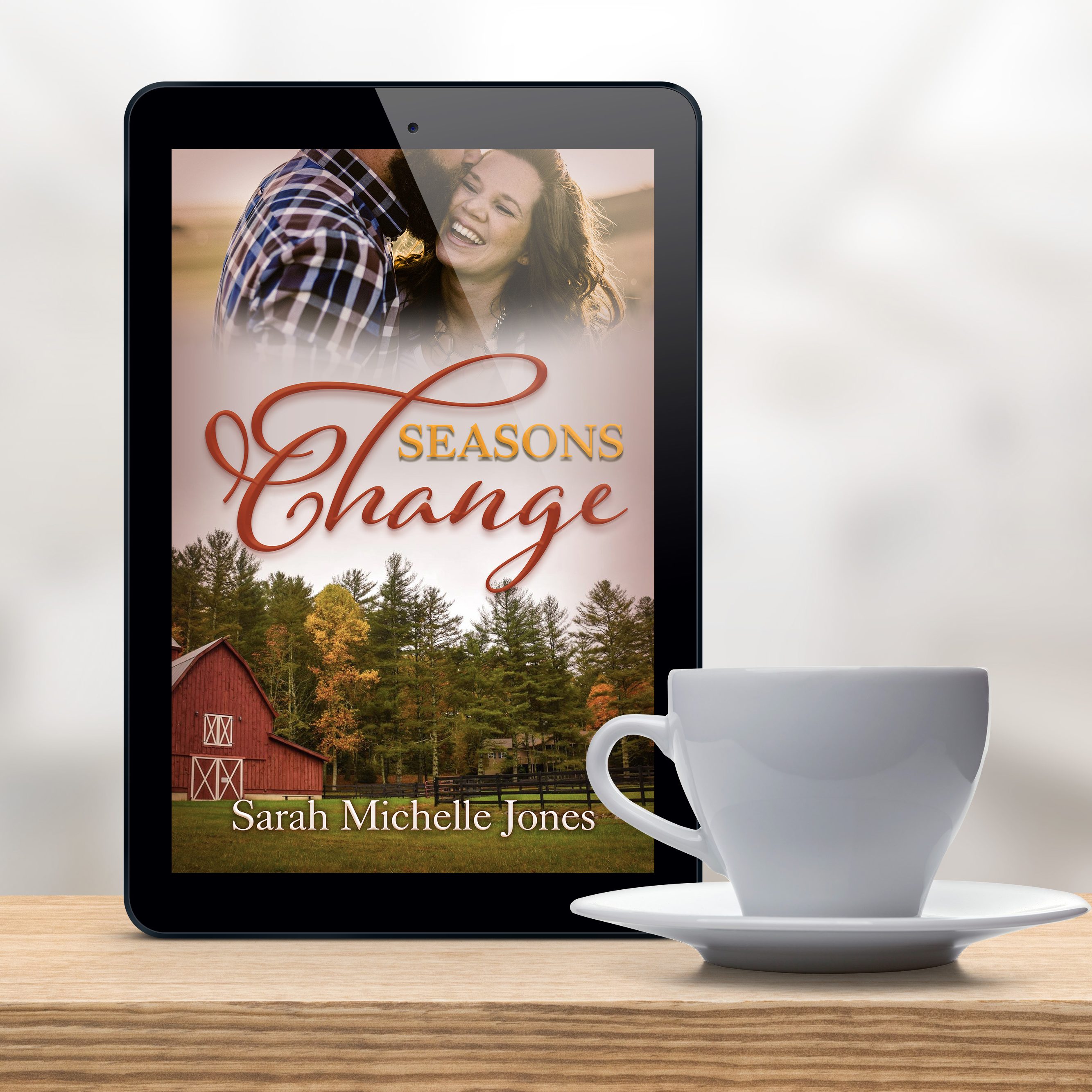 Seasons Change Cover, with a bearded man kissing a laughing woman over an autumn farm scene, and a mug.